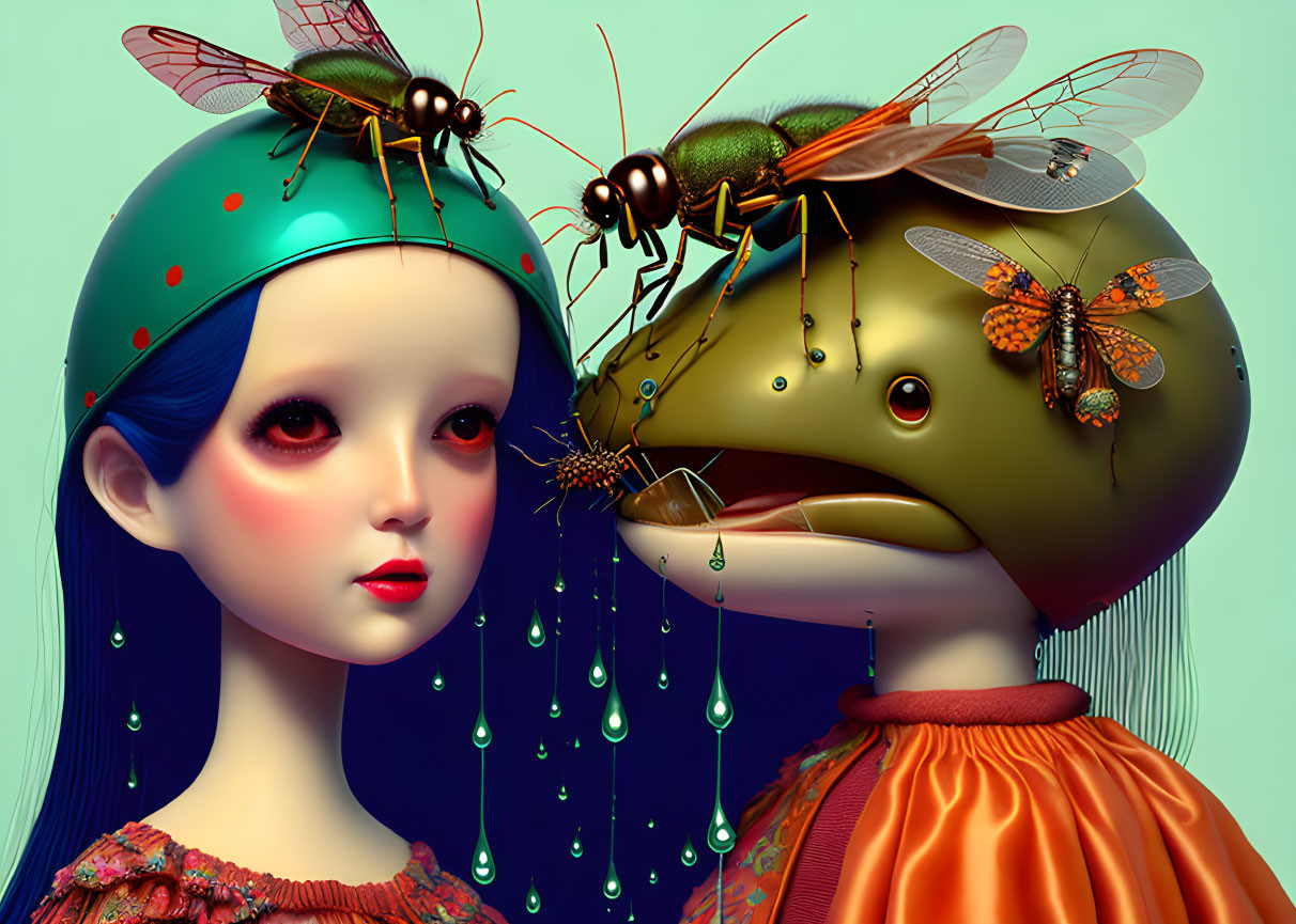 Colorful surreal humanoid figures with insect features and liquid droplets.