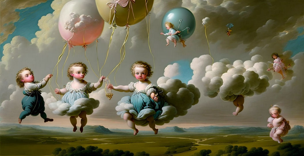 Floating cherubic figures with balloons in whimsical sky scene.