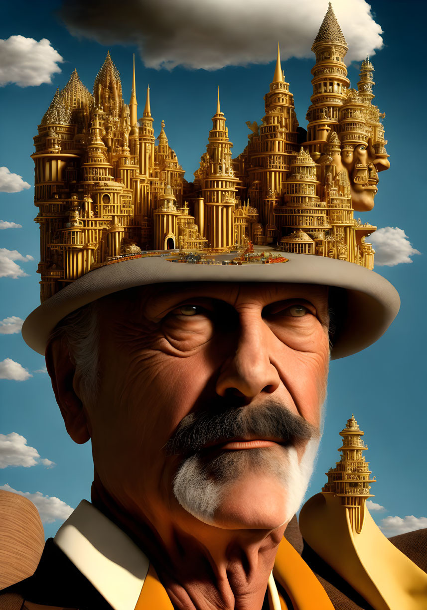 Elderly man in suit with golden cityscape hat against cloudy sky