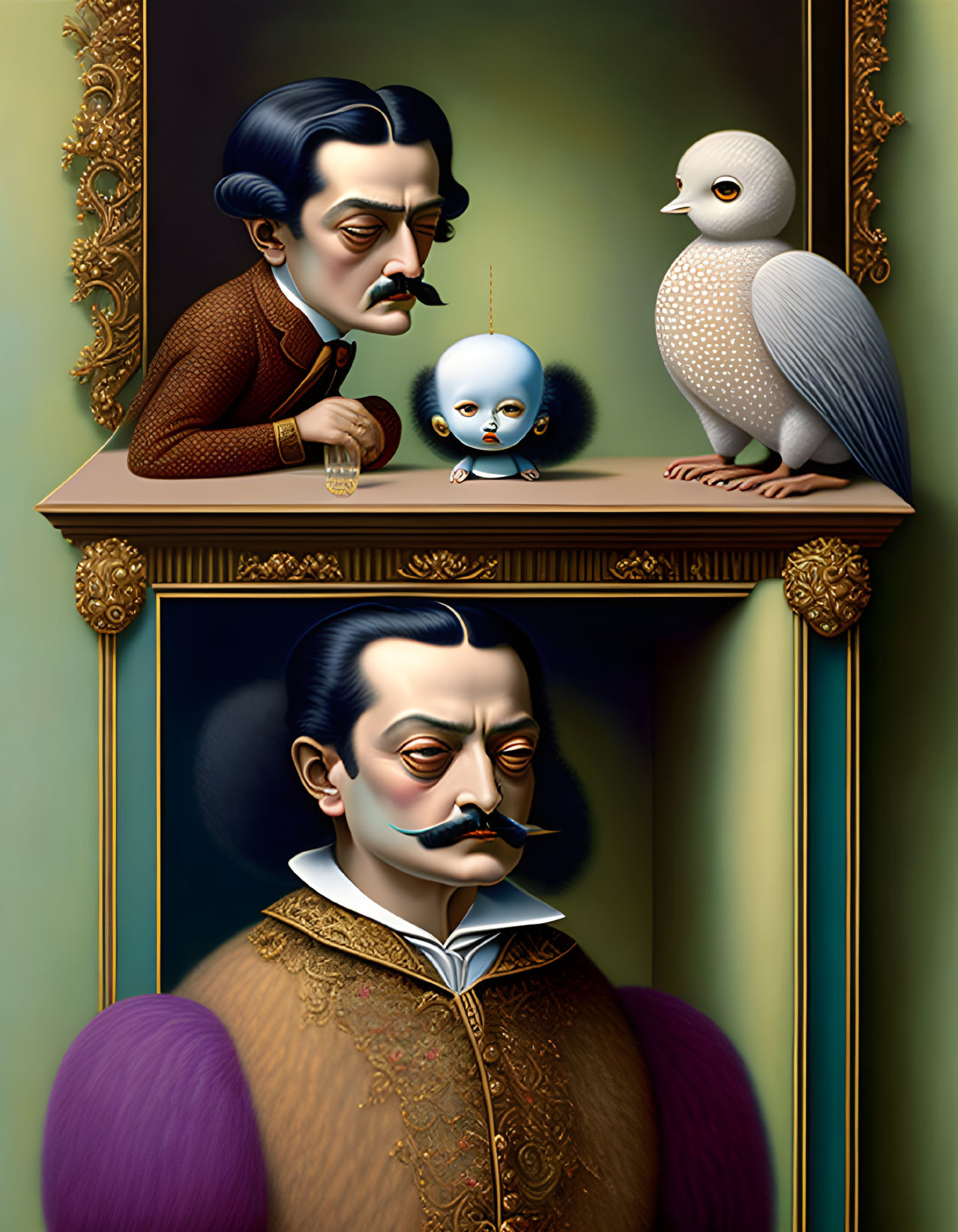 Surreal art: man with mustache in ornate attire holding glass, with portrait and bird