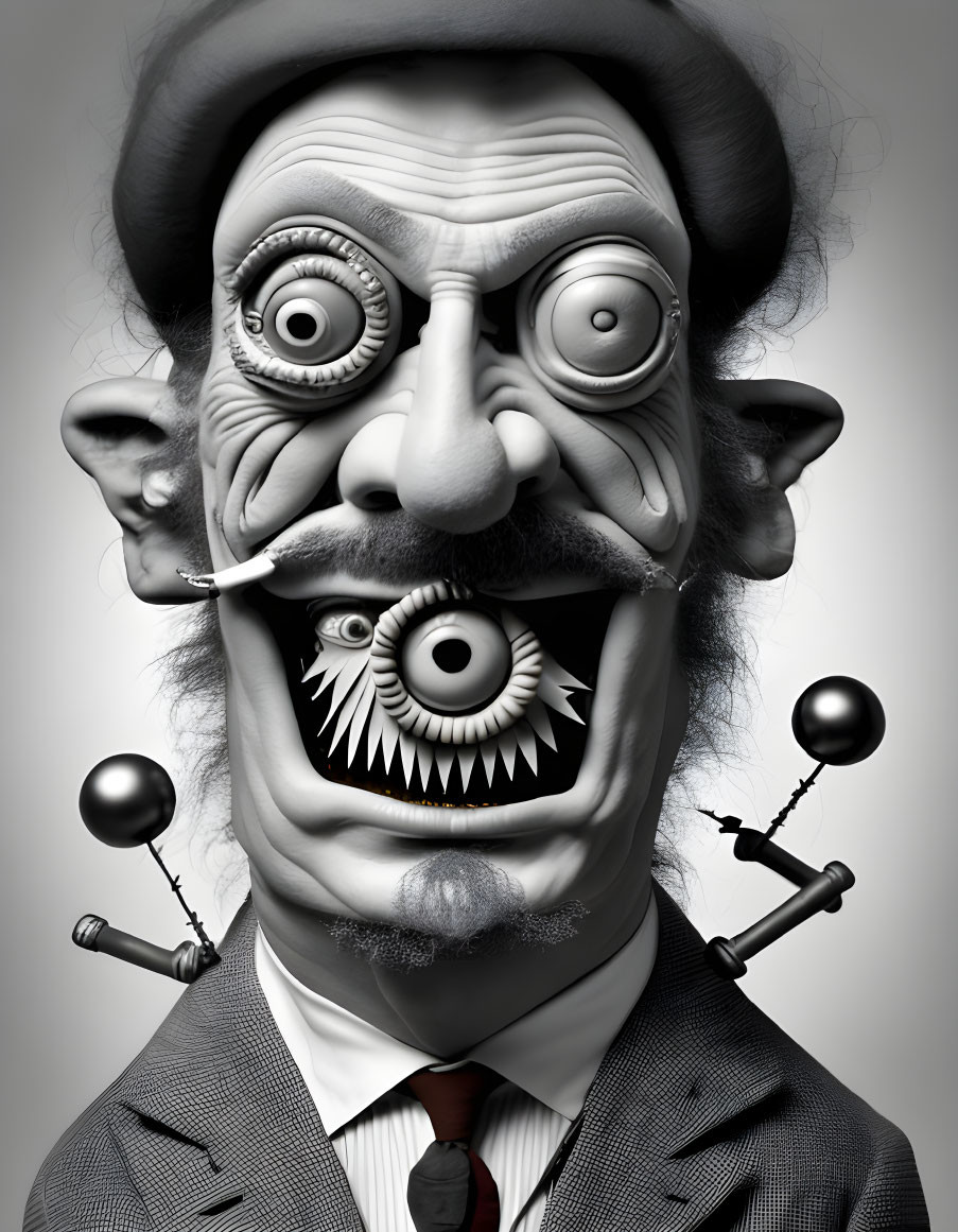 Surreal black and white caricature of a man with exaggerated features