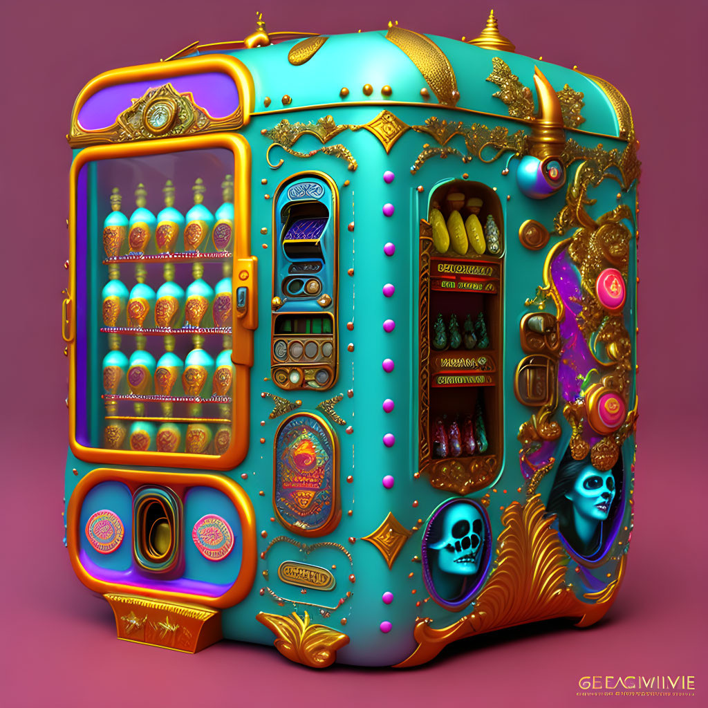 Colorful Retro Vending Machine with Golden Embellishments and Whimsical Decor