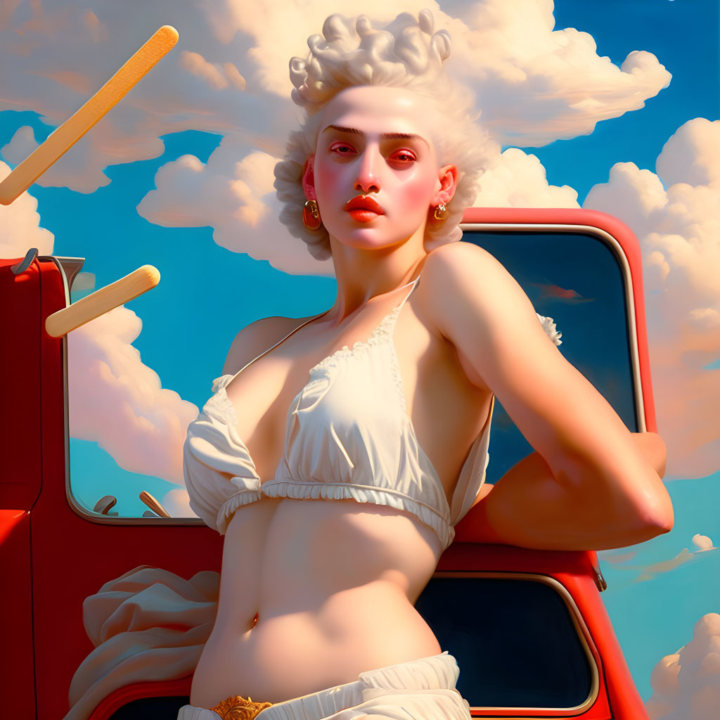 Stylized digital artwork of woman in white drapery beside red vintage vehicle