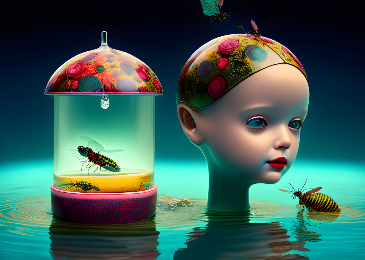 Surreal Artwork: Doll-like Head, Brain in Jar, Insects on Water