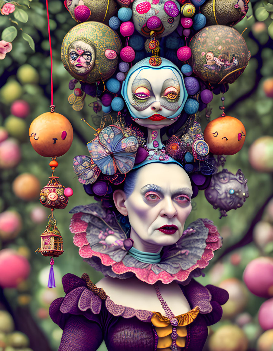 Colorful Elizabethan collar woman surrounded by whimsical spheres