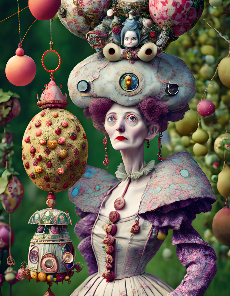 Surreal portrait of woman with ornate hat and eclectic backdrop