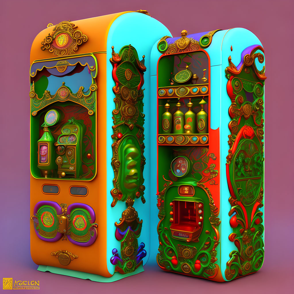 Colorful Ornate Vintage-Style Vending Machines on Pink Background