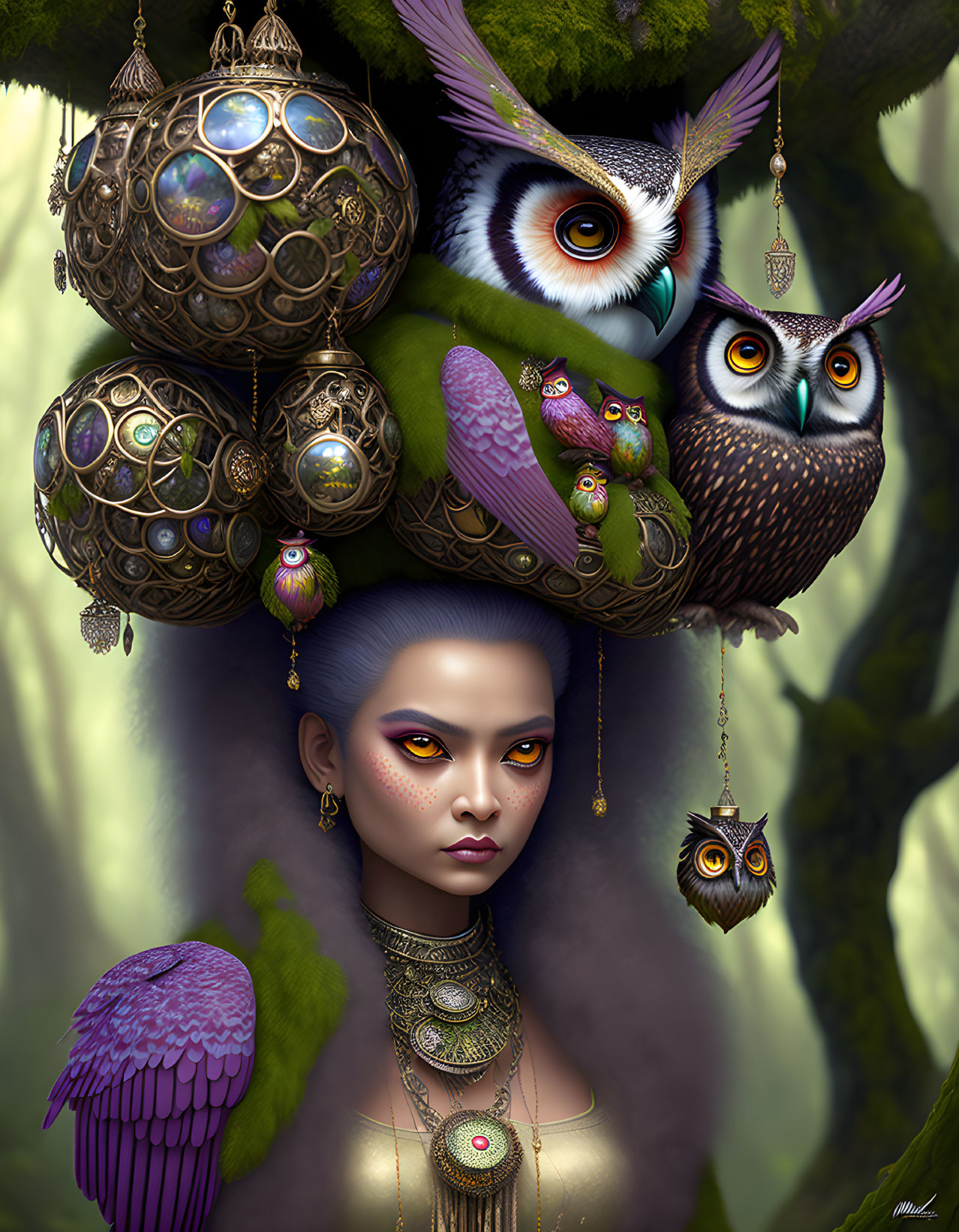 Mystical portrait of woman with purple makeup and jewelry in enchanted forest