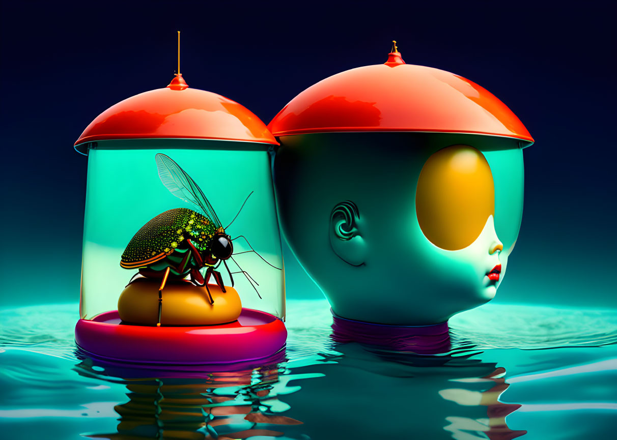 Surreal image: Dome objects with insect and fragmented head