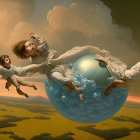 Floating cherubic figures with balloons in whimsical sky scene.