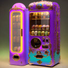 Colorful ornate vending machine with purple and pink design and gold accents filled with patterned spheres