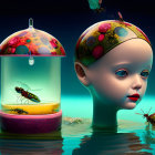 Surreal image: Dome objects with insect and fragmented head