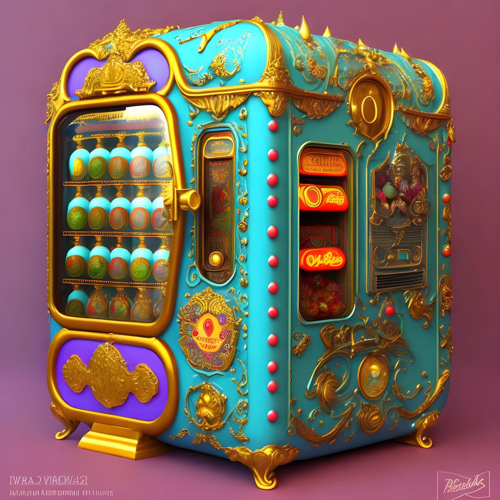 Intricate Vintage-Style Slot Machine with Gold and Turquoise Design