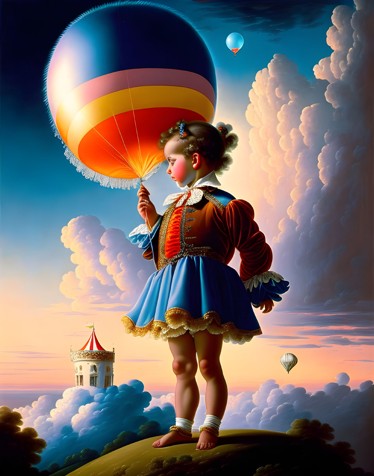 Child with hot air balloon in surreal landscape