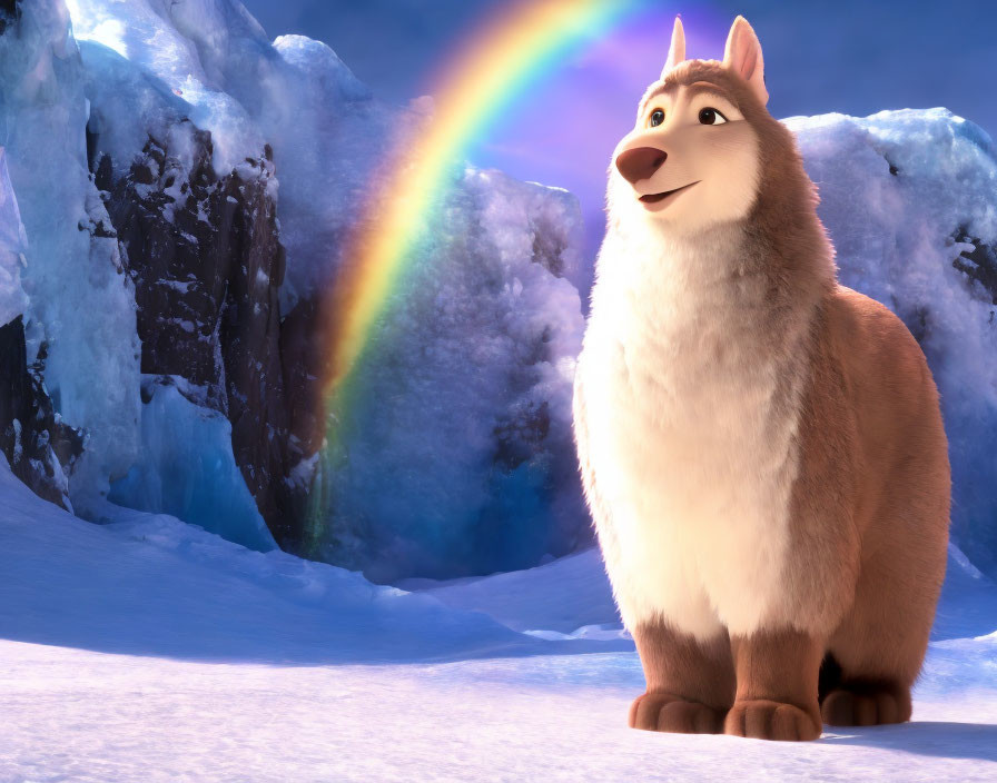 Smiling animated wolf in snow-covered cliffs with vibrant rainbow