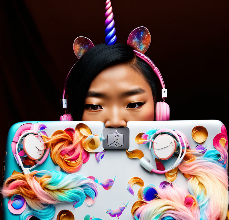 Person with Unicorn Headband and Pink Headphones Surrounded by Colorful Graphics