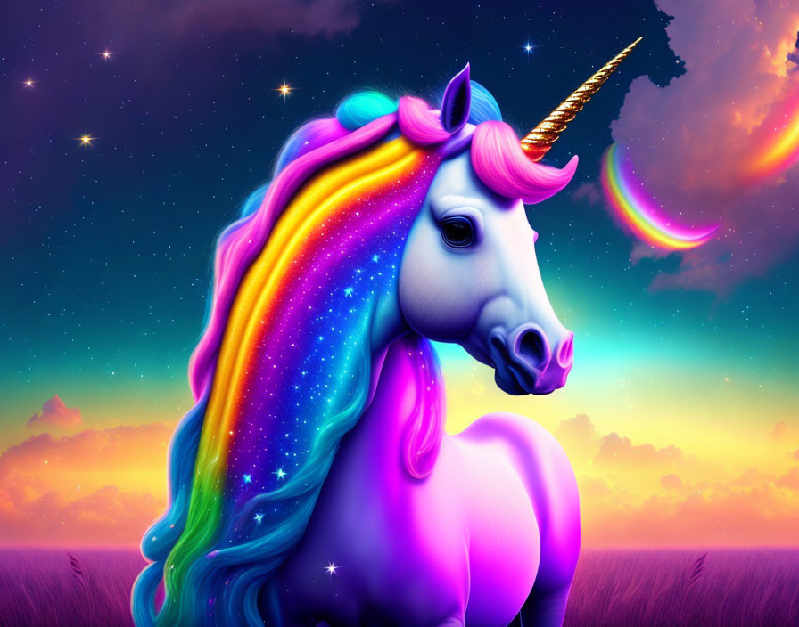 Colorful Unicorn with Rainbow Mane in Twilight Sky