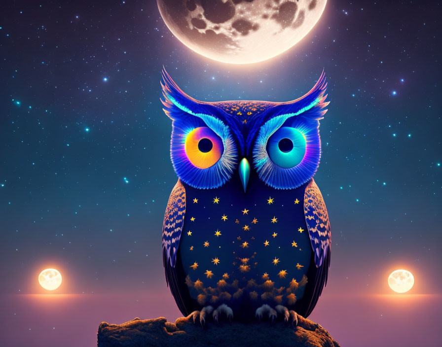 Stylized owl with star patterns under moonlit sky and glowing orbs