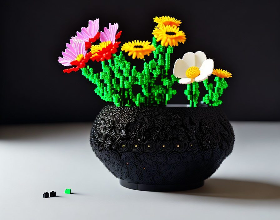 Vibrant Lego flower bouquet in patterned vase on monochrome backdrop