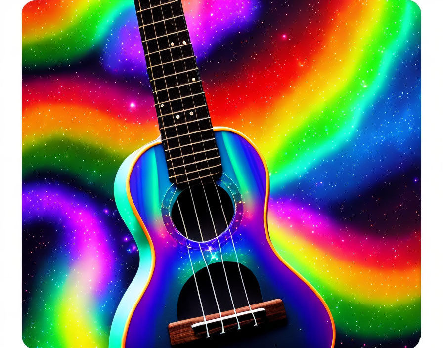 Colorful Rainbow Swirl Ukulele on Black Background with Sparkling Stars