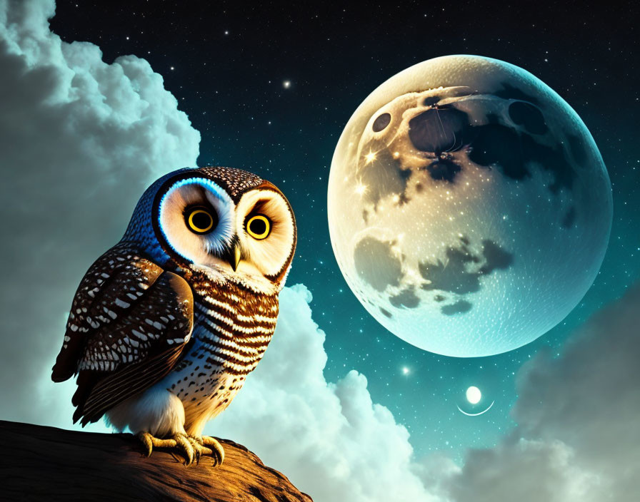 Nocturnal owl on branch under moonlit sky