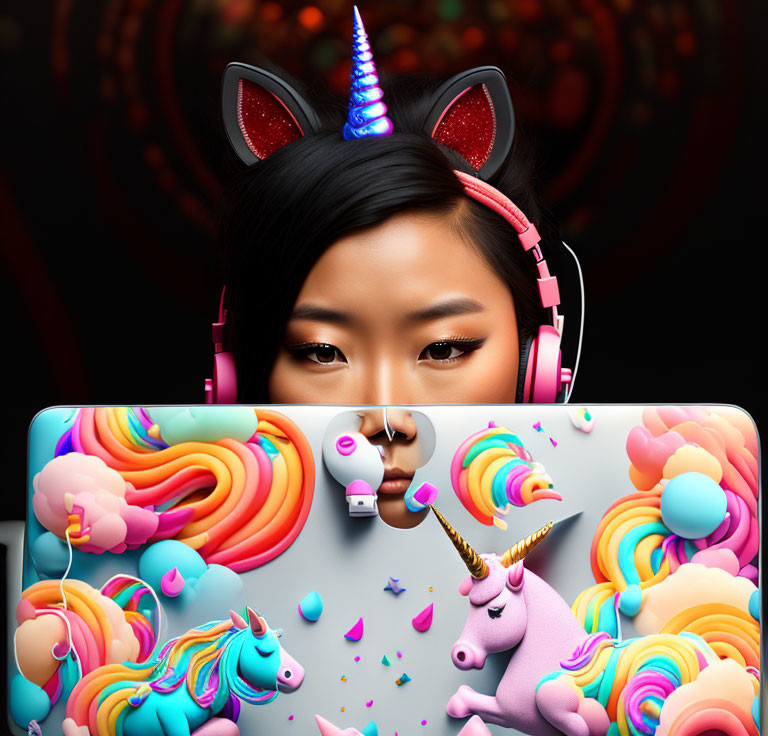 Woman with unicorn horn and cat ears headphones at laptop with colorful unicorn illustrations