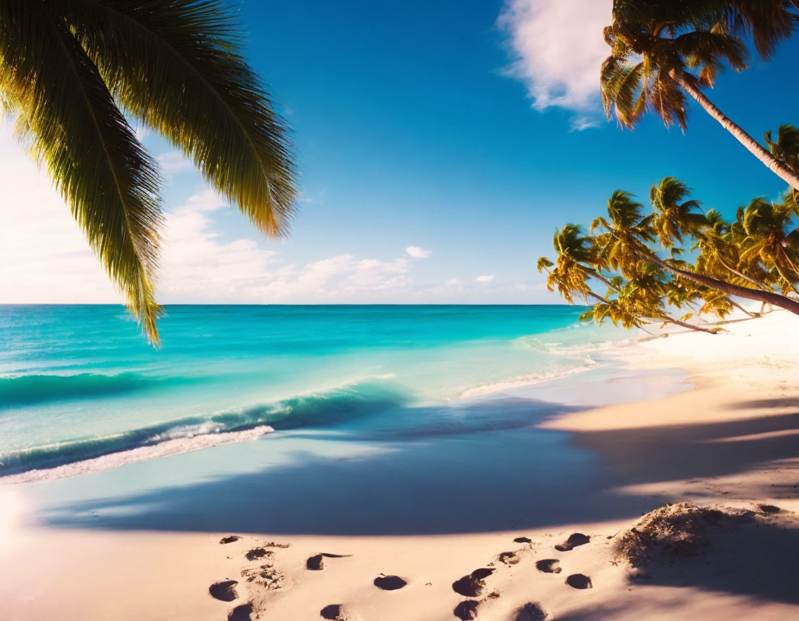 Sunny tropical beach scene with turquoise water, palm trees, and footprints