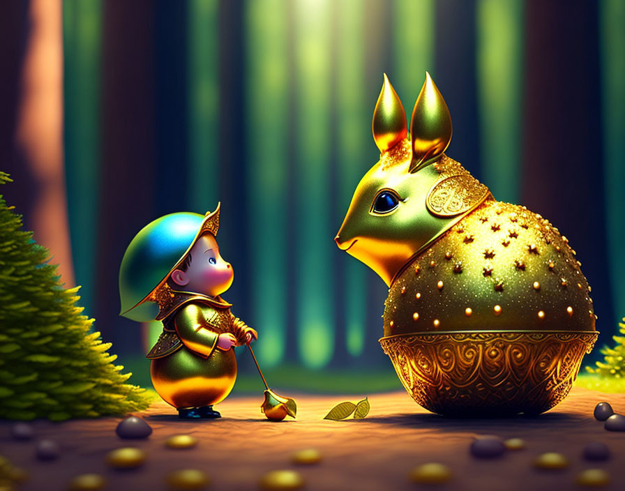 Illustration of elf child and golden squirrel in mystical forest