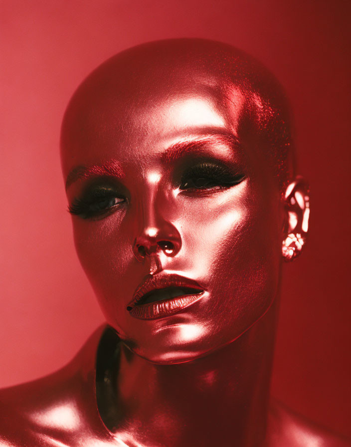 Bald Model with Metallic Red Skin, Dramatic Eyelashes, and Red Lips on Red Background