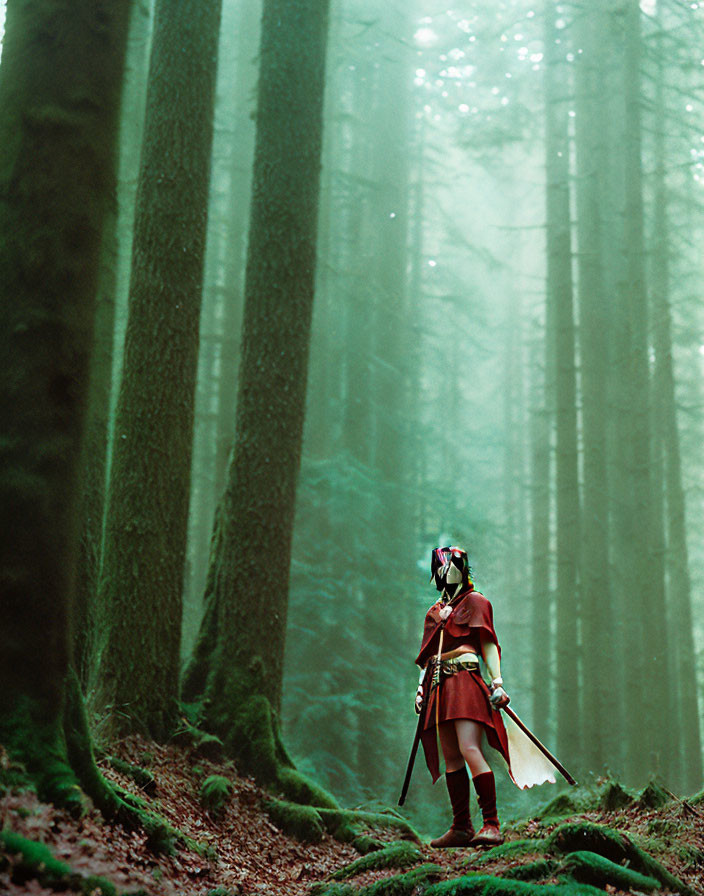 Warrior in Red Armor with Sword in Misty Green Forest