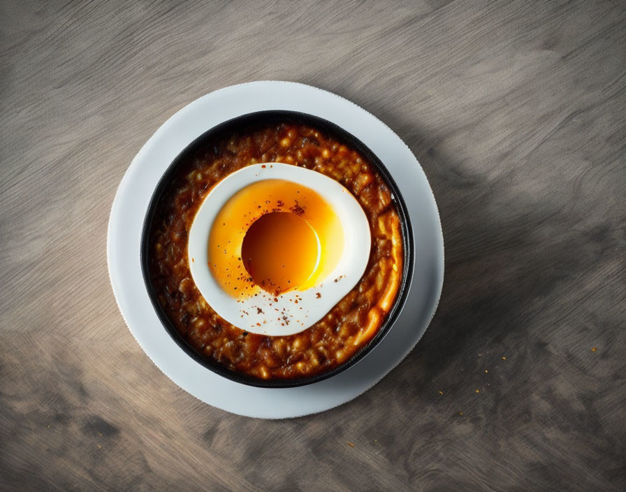 Sunny-Side-Up Egg on Baked Beans in White Bowl