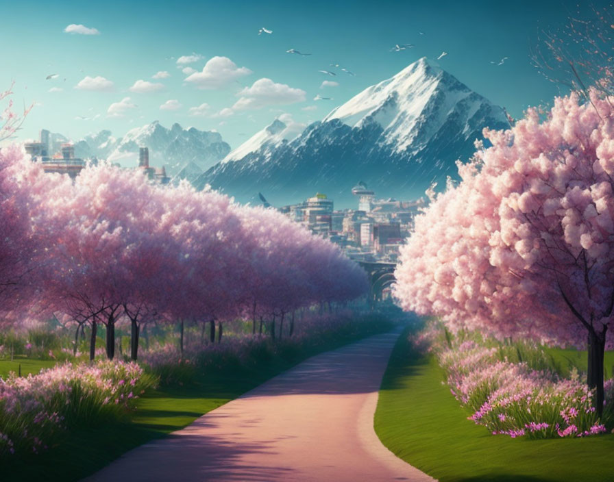 Cherry blossom-lined path to futuristic city with mountains