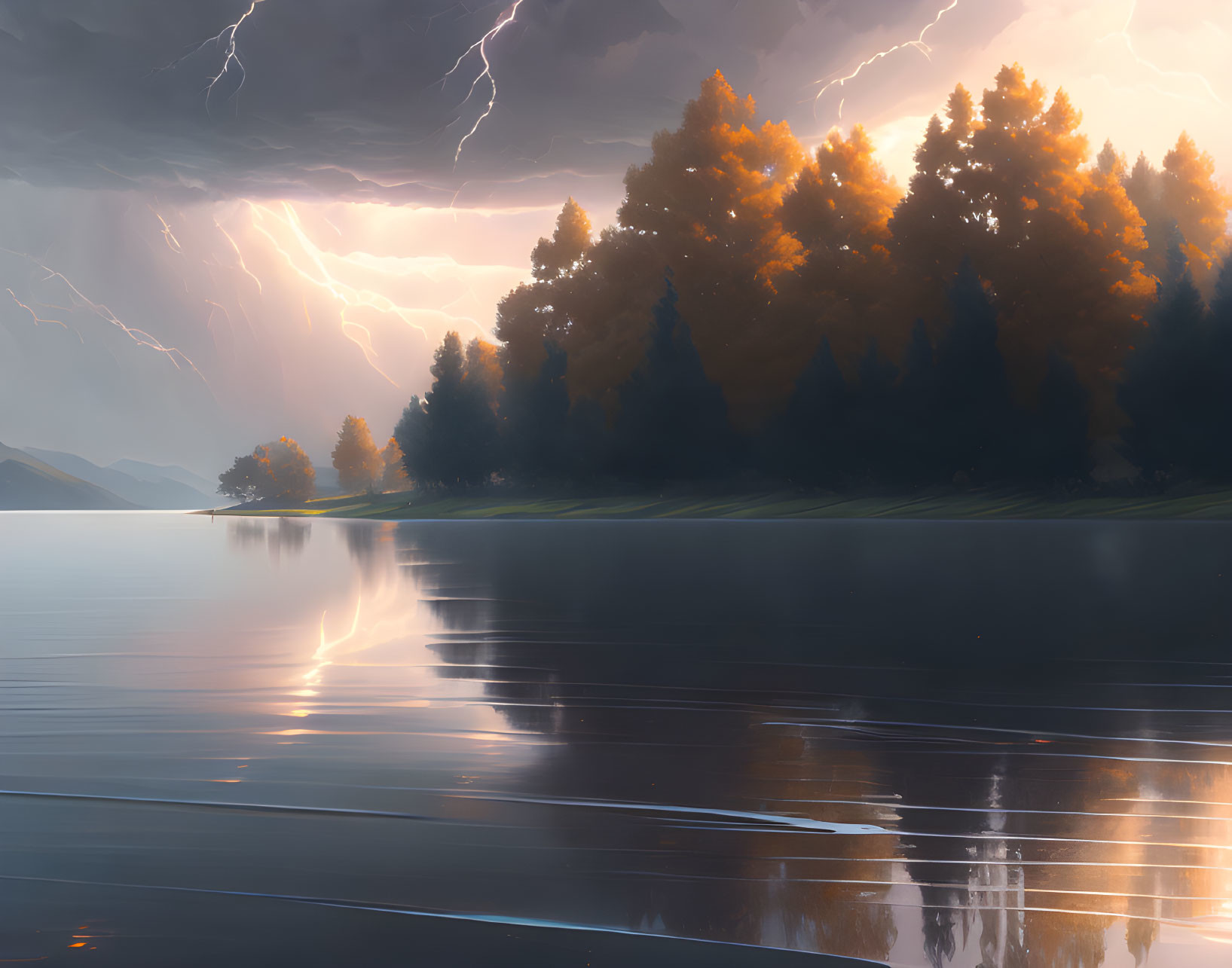 Autumn trees reflected in serene lake under stormy sky with lightning