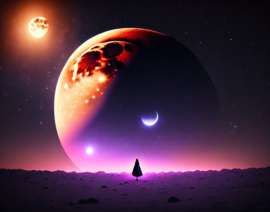 Person standing on rocky terrain observing giant planet, crescent moon, and stars in surreal space scene