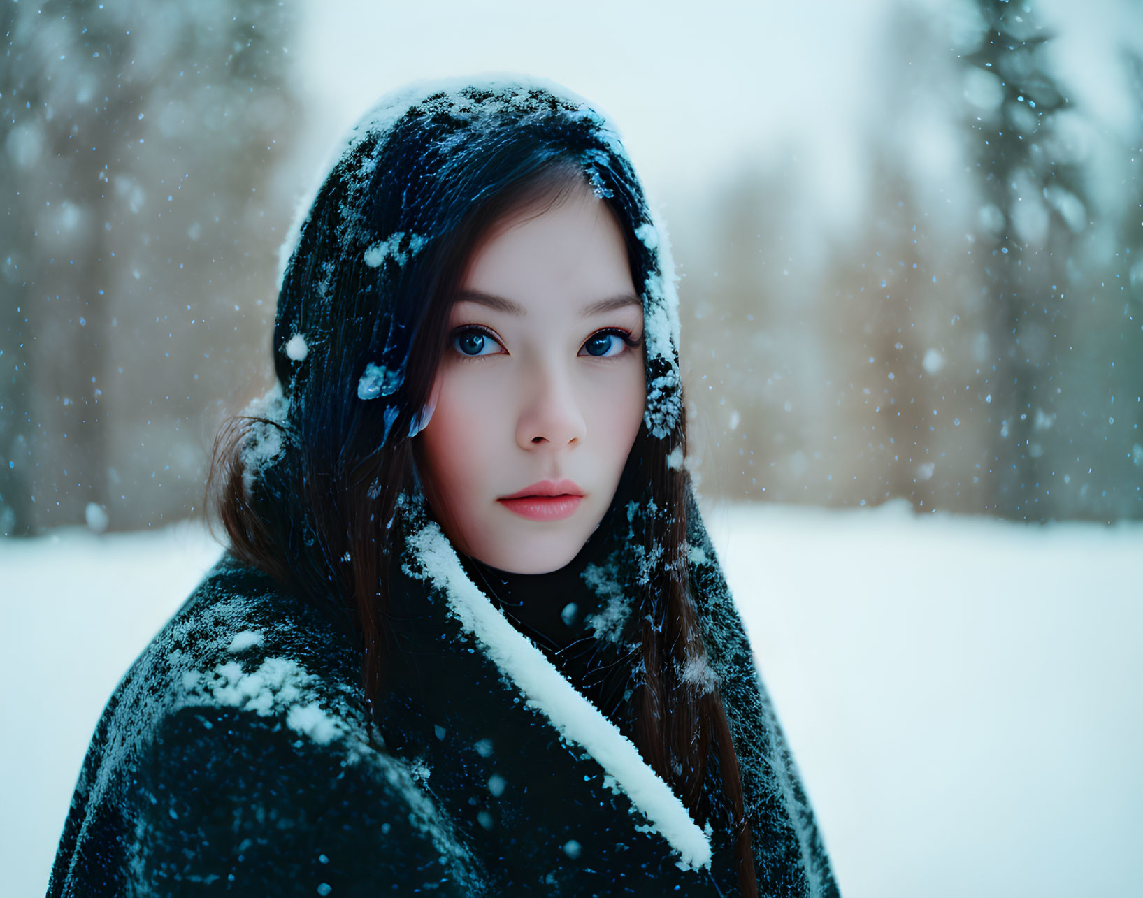 Person in snow-dusted hooded cloak gazes in tranquil winter scene