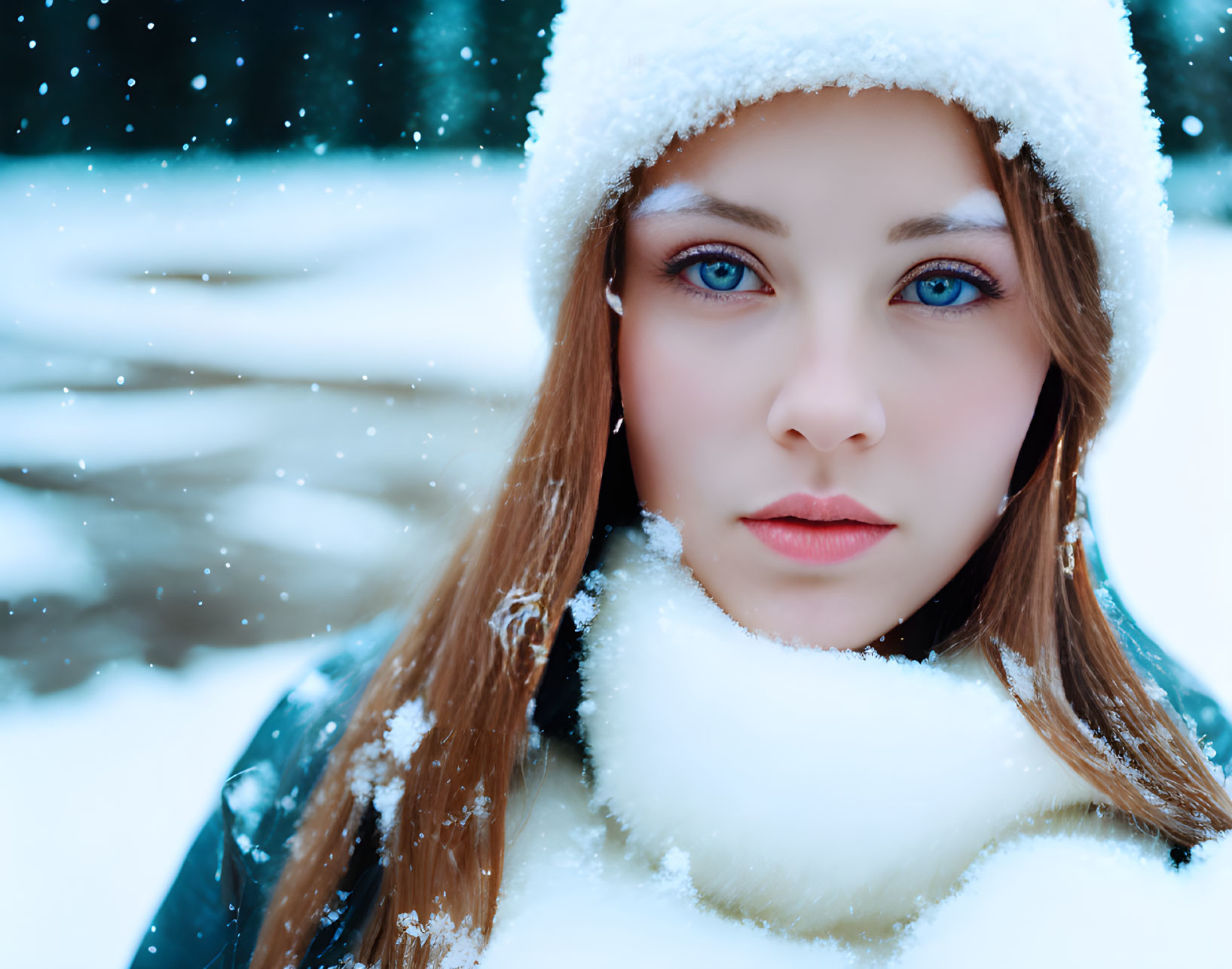 Blue-eyed person in snow-covered hood staring at camera in snowy setting.