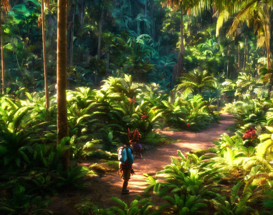 Person and dog walking in lush sunlit forest with tall trees and ferns