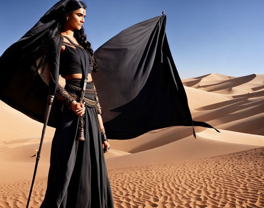 Woman in black outfit with cape in desert with walking stick