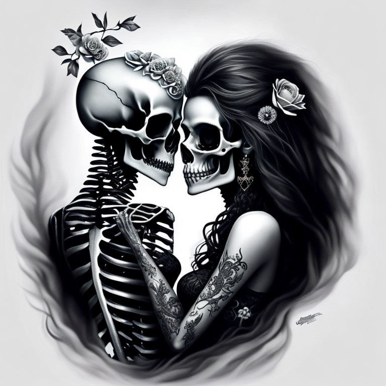 Monochrome illustration of skeletal couple embracing with roses adorned heads