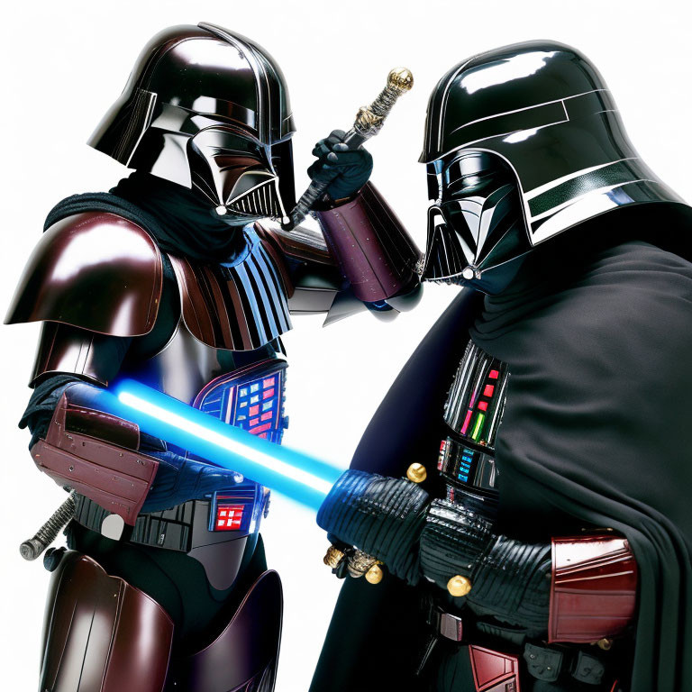 Two individuals in Darth Vader costumes with lightsaber and sword face-off.