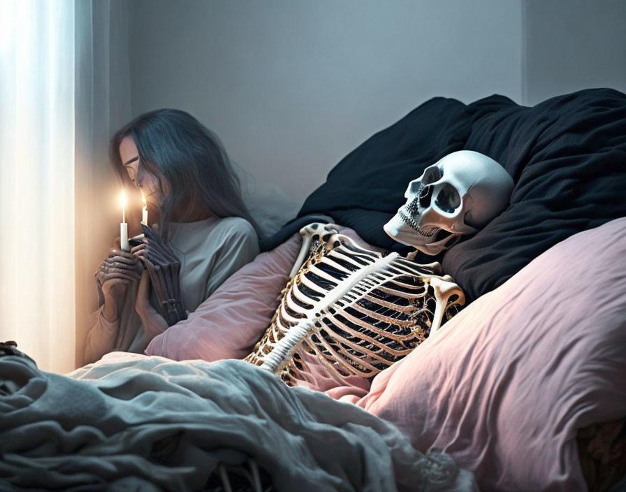 Person sitting beside skeleton holding candle in dimly lit room