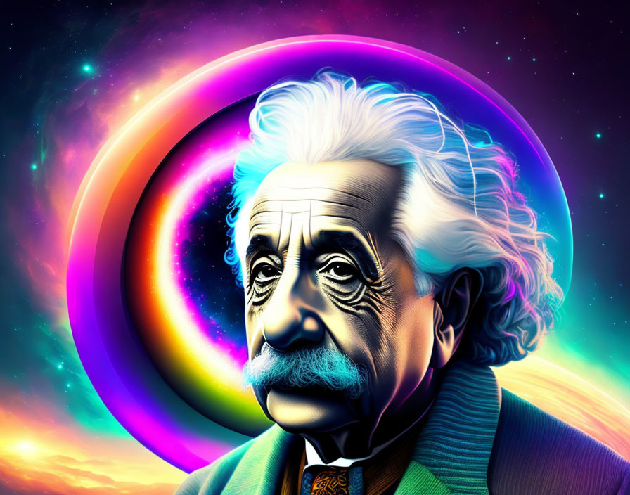 Vibrant portrait of Albert Einstein with neon colors and cosmic backdrop