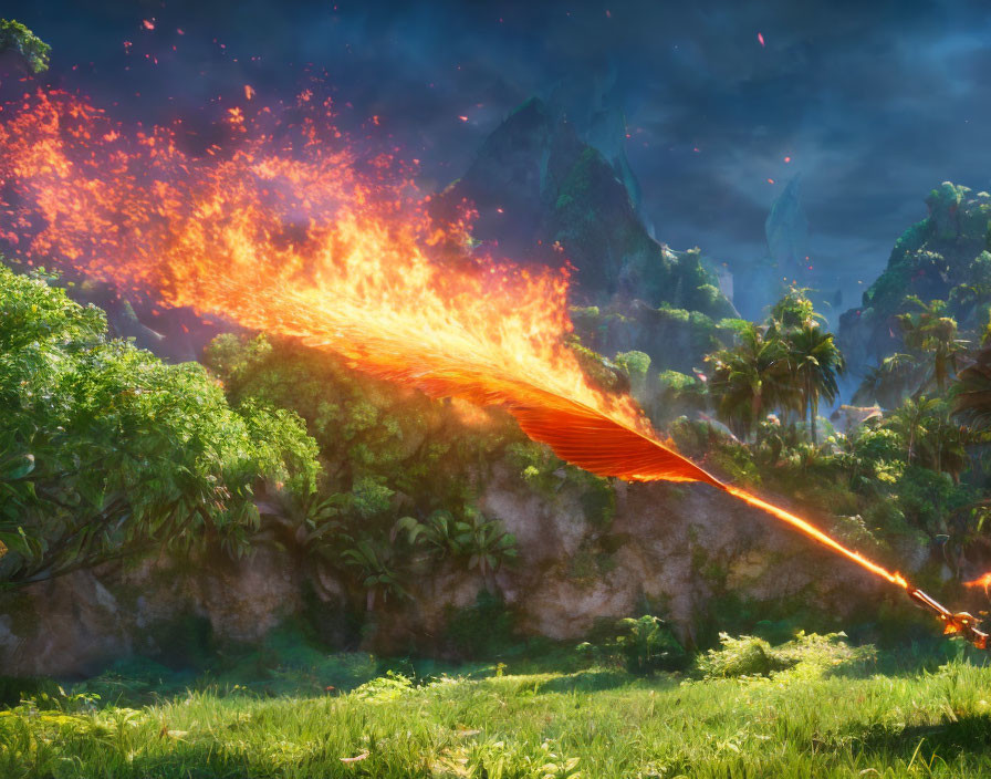 Dragon breathing fire in lush mountain landscape at twilight