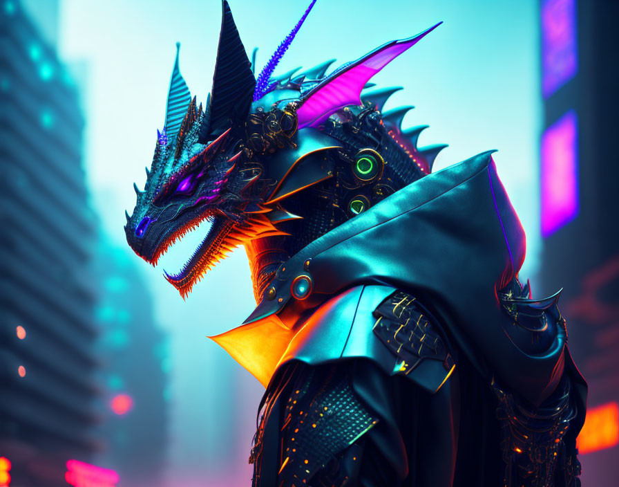 Cybernetic dragon with sharp horns in neon-lit cityscape