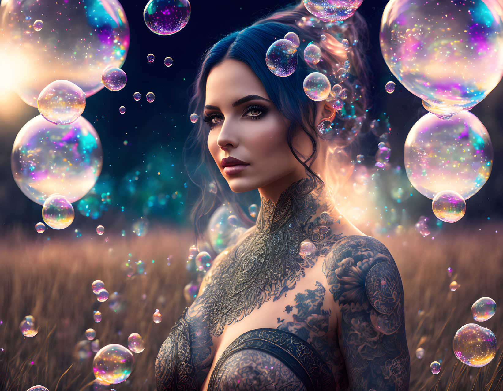 Blue-haired woman with ornate tattoos in twilight field with iridescent bubbles