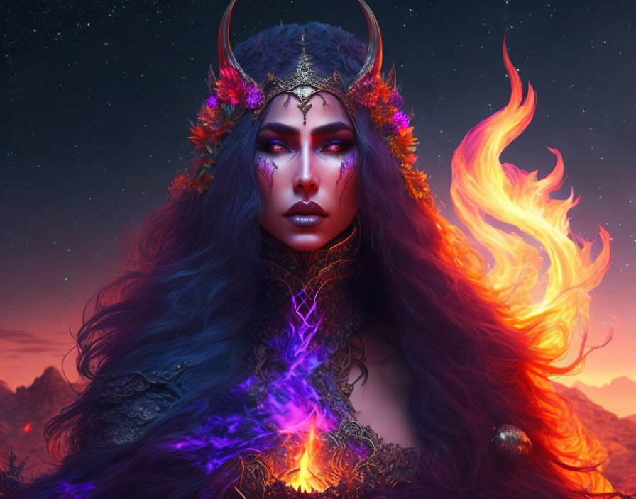 Fiery orange-haired woman with horns in mystical twilight setting