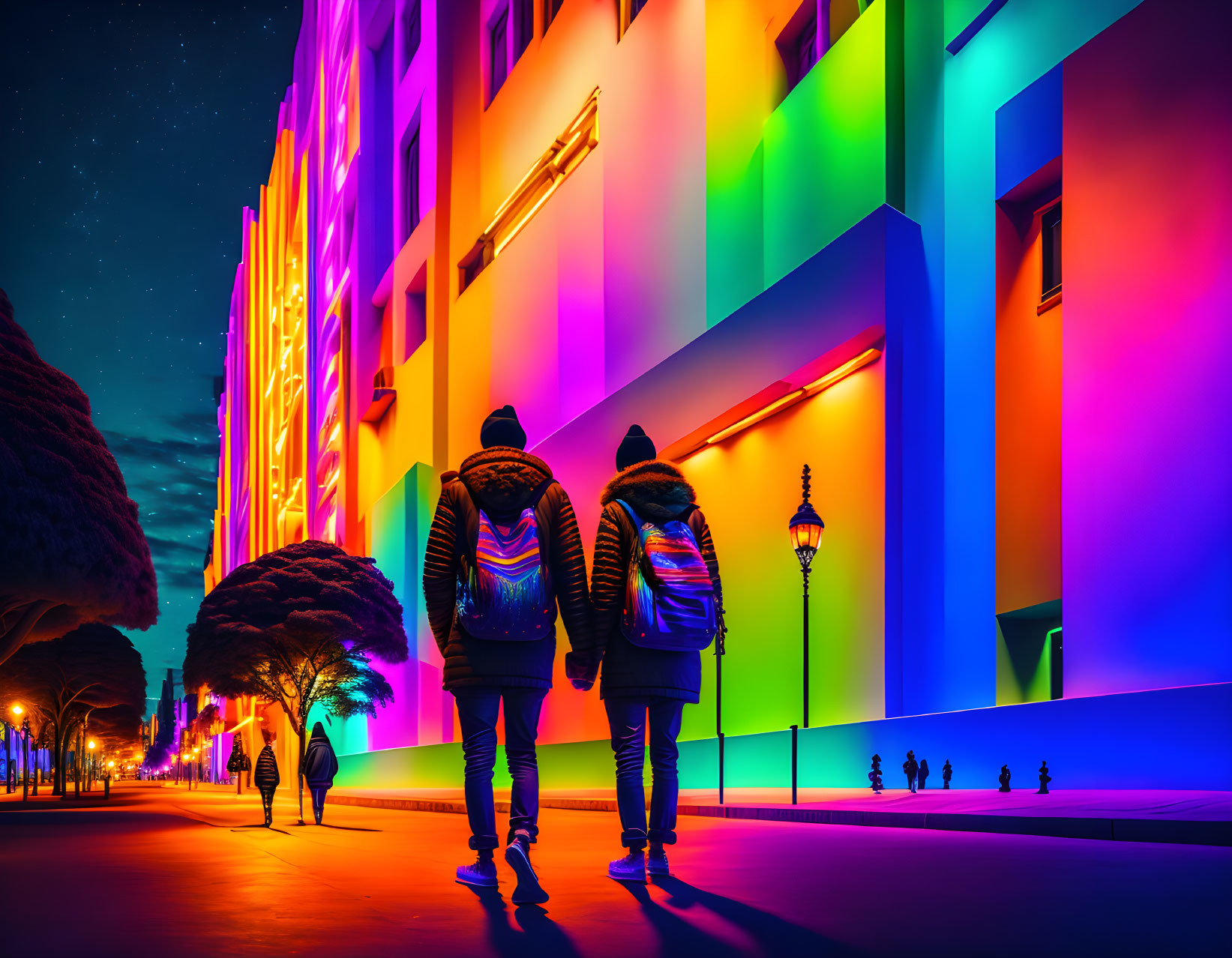 Night scene: Three people walking by vibrant, colorfully lit building with neon lights, trees, and