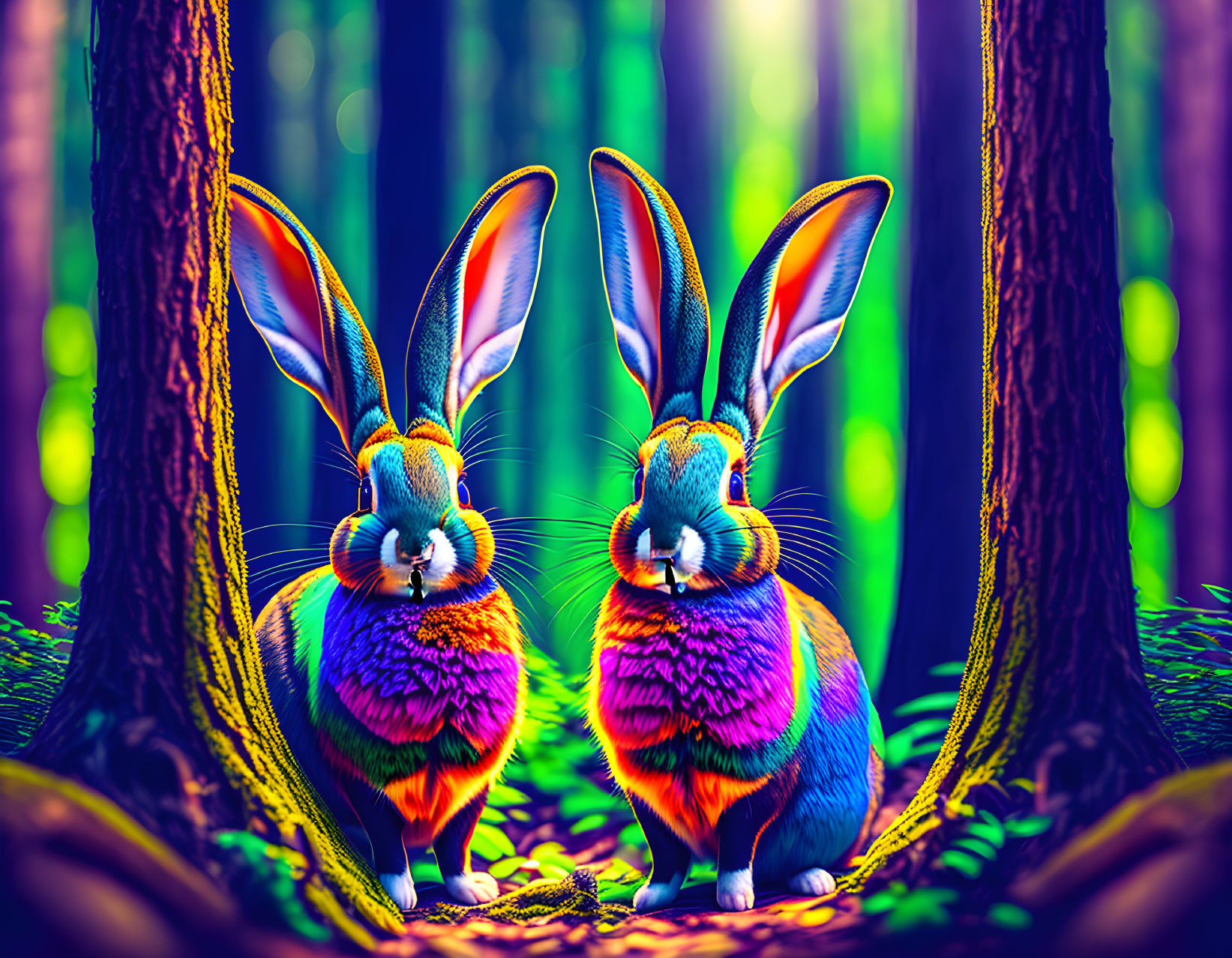 Exaggerated long-eared rabbits in vibrant, neon-lit forest