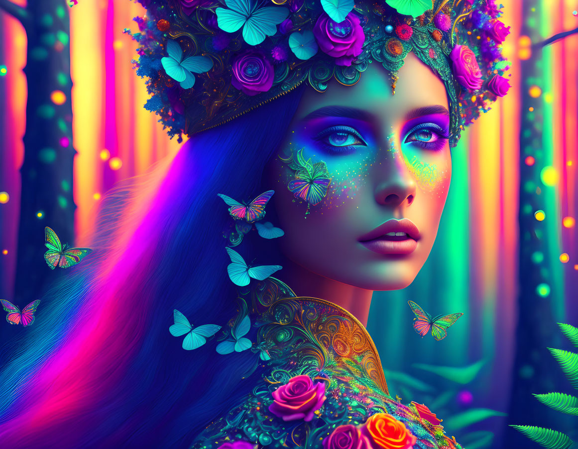 Colorful digital artwork: Woman with blue hair, floral crown, butterflies, neon forest.