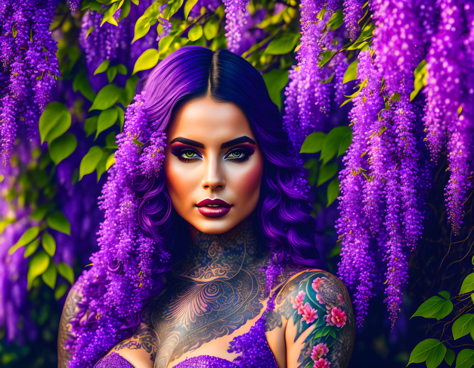 Purple-haired woman with tattoos in vibrant wisteria flower digital art.